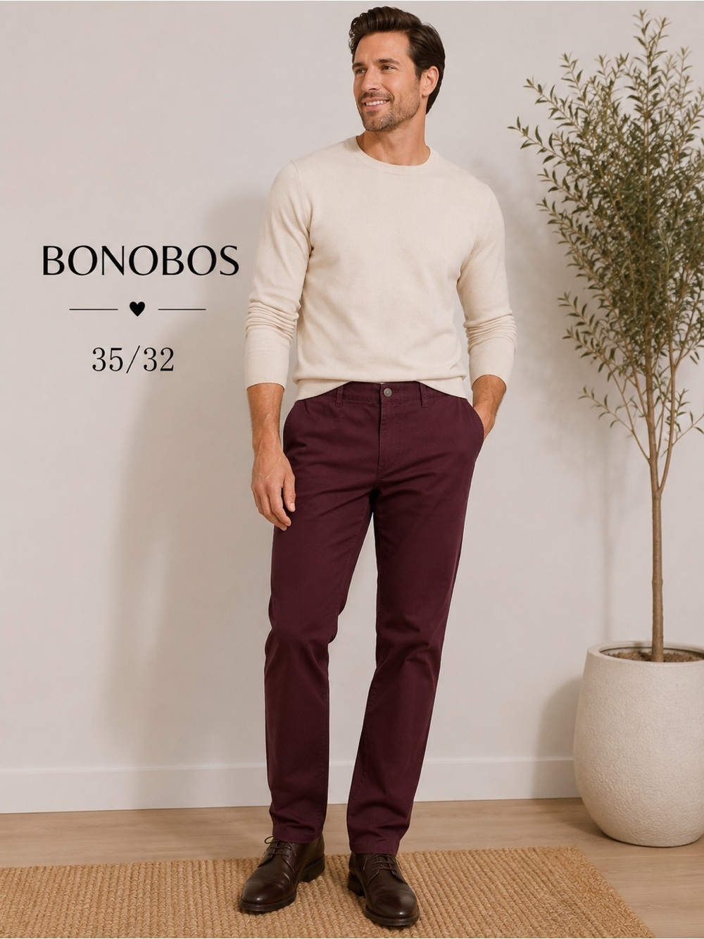 Bonobos Men's Burgundy Chino Pants - Deep Wine casual style size 35x32